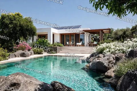 Modern Italian Villa With Solar Panels And Private Swimming Pool Surrounded By Lush Mediterranean Garden