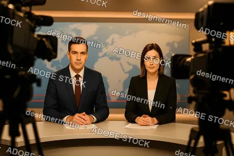 Professional News Anchors Sitting At Studio Desk Preparing To Deliver Television Broadcast In Modern Newsroom Setting