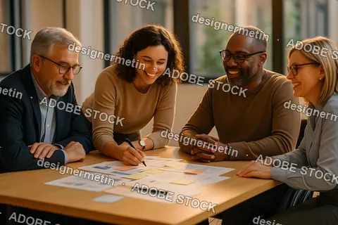Smiling Coworkers Gathered Around Table Discussing Creative Business Ideas During Collaborative Brainstorming Meeting Session