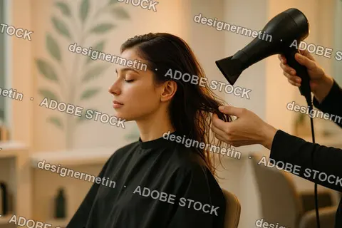 Woman Getting Hair Dried With Blow Dryer In Professional Salon While Sitting Calmly With Closed Eyes