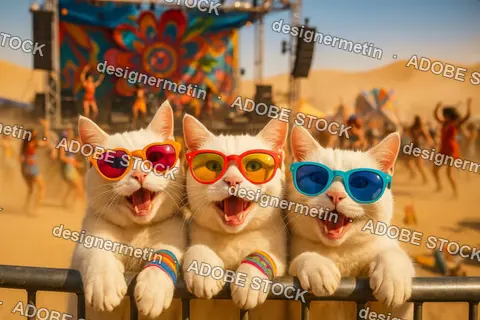 Three White Cats Wearing Colorful Sunglasses At Vibrant Outdoor Festival With Crowd In Background