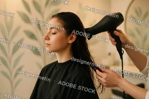 Hairdresser Drying Hair Of Woman Client Sitting In Salon Chair With Calm Expression On Face