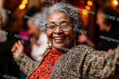 Happy Senior Woman Smiling While Dancing Indoors Surrounded By Friends During A Celebration Event