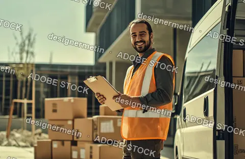 Smiling Delivery Worker In Orange Safety Vest Holding Clipboard Beside Stack Of Cardboard Boxes