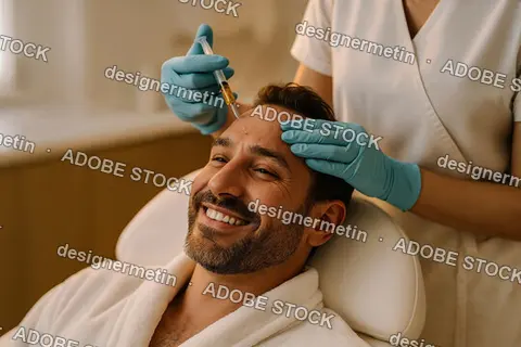 Smiling Man Receiving Cosmetic Injectable Treatment In Professional Clinic By Aesthetician Wearing Medical Gloves