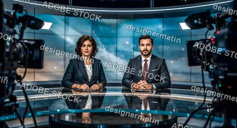 Two News Anchors Sitting Confidently At Modern Broadcast Desk Inside Professional Television Studio Setting
