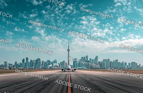 Large Commercial Airplane On Runway Approaching Downtown City With Dramatic Cloudy Sky Background
