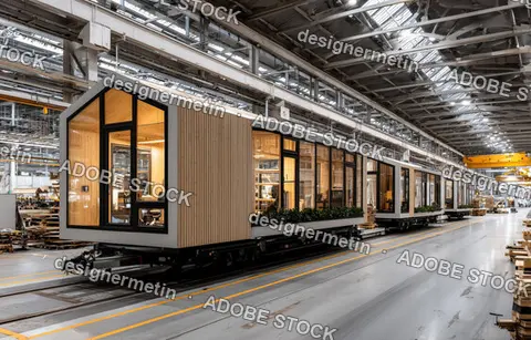 Prefabricated Wooden Tiny Homes Aligned On Rails Inside Modern Factory Industrial Building Interior