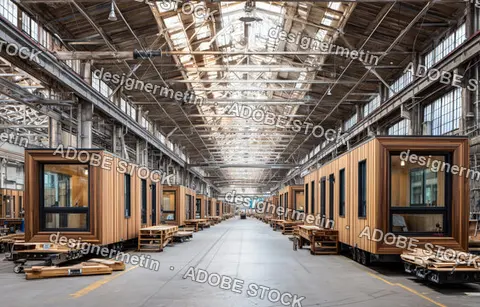 Tiny Homes Constructed In Large Industrial Warehouse On Rails Featuring Wooden Exteriors And Workbenches