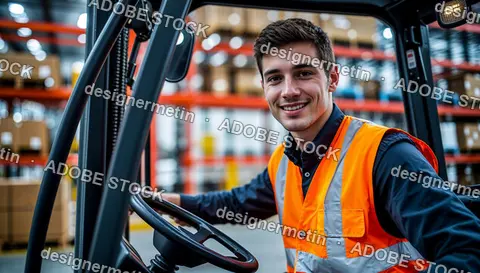 Warehouse Worker Wearing Safety Vest Driving Forklift Vehicle And Smiling In Logistics Storage Facility