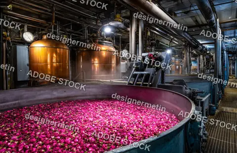 Industrial Rose Petal Processing Vats Inside Fragrance Or Cosmetic Distillery With Steam And Machinery