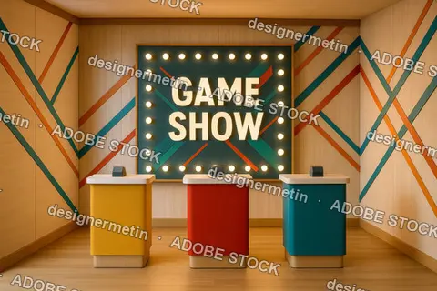 Colorful Retro Game Show Studio Set With Buzzers And Lights Designed For Exciting Television Competition
