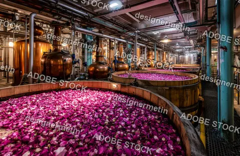 Steaming Rose Petals In Large Copper Vats Inside Perfume Distillery With Pipes And Aromatic Production Setup