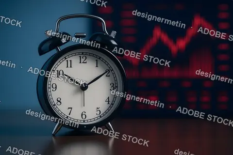 Vintage Alarm Clock Shows Time In Front Of Volatile Red Stock Market Chart Background