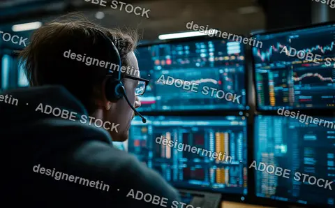 Focused Stock Trader Working At Night With Financial Data On Multiple Monitors In Office