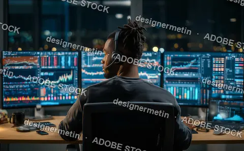 Confident Financial Analyst Wearing Headset In Office Surrounded By Screens With Market Data