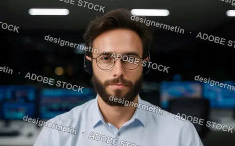 Young Trader Focused On Financial Market Analysis With Headset At Night In Office Environment