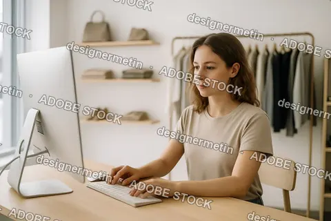 Female Employee Using Desktop Computer In Organized Modern Retail Store With Folded Fashion Garments
