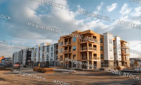 Modern Multi Story Apartment Buildings Under Construction With Wooden Frames And Scaffolding Equipment