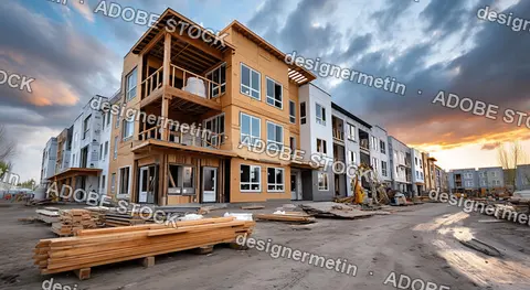 Multi Family Residential Construction Site With Wooden Materials And Exterior Panels Under Blue Sky