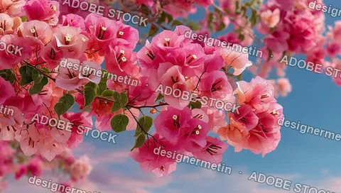 Pink Bougainvillea Flowers Blooming In Lush Clusters Against Soft Blue Sky On Peaceful Summer Day