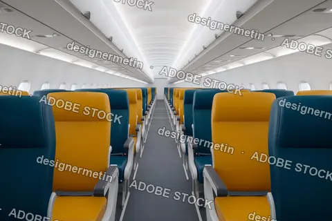 Bright Economy Airplane Cabin With Rows Of Yellow And Blue Leather Seats In Neat Order