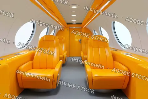 Vibrant Orange Seating Layout In Modern Futuristic Economy Class Airplane Cabin Interior View