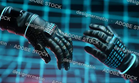 Futuristic VR Haptic Gloves Hovering Above Digital Grid In Sci-Fi Virtual Reality Space