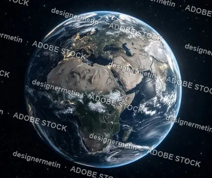 Digital Rendering Of Earth Showing Continents, Deserts, Clouds And Night Lights From Space