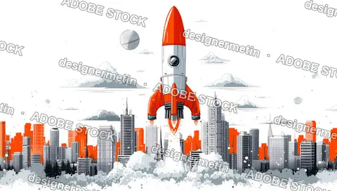 Retro Futuristic Rocket Launching Over Stylized Cityscape With Monochrome Buildings And Red Accents