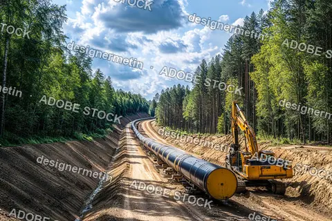Construction Site For Large Gas Pipeline Project Through Remote Forest Landscape With Heavy Excavator Equipment