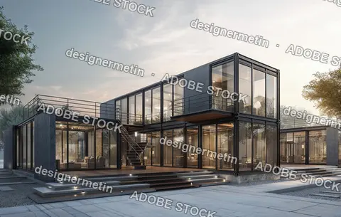 Modern Steel Modular House With Glass Walls And Balcony Terrace Set On Industrial Site At Dusk