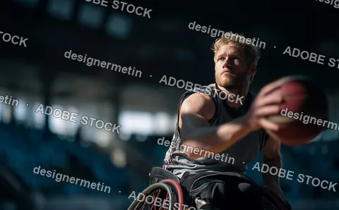 Focused Male Wheelchair Basketball Player Making A Powerful Pass During Indoor Competition Game