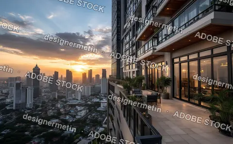 Cityscape View From Modern Apartment Terrace At Sunset With Glass Railings And Lush Balcony Plants