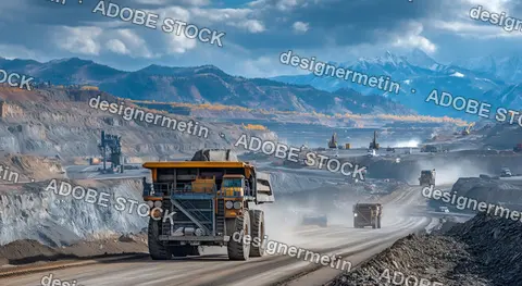 Large Scale Open Pit Mining Operation In Rugged Terrain With Trucks Machinery And Mountain Backdrop