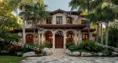 Grand Mediterranean Style Villa With Palm Trees Stone Path And Rich Landscaping In Lush Setting