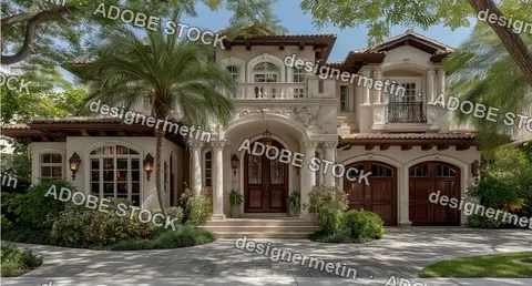 Mediterranean Style Villa With Arched Windows Wooden Doors And Lush Green Landscaping In Florida
