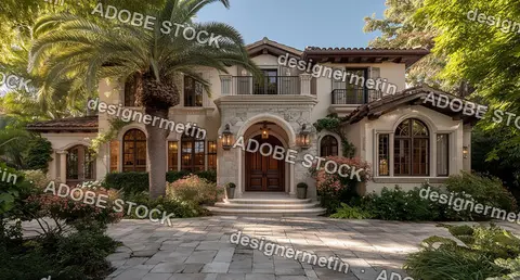 Luxury Two-Story Mediterranean Villa With Palm Trees Elegant Garden And Arched Entrance In Miami