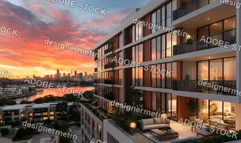 Luxury Apartment Balcony With Panoramic City Skyline View At Colorful Sunset In Sydney Australia