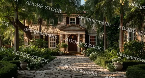 Elegant Mansion With Stone Facade Surrounded By Tropical Trees And Decorative Lush Garden Landscape