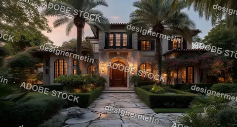 Luxury Mansion With Palms And Elegant Garden Path Surrounded By Bushes Under Evening Sky