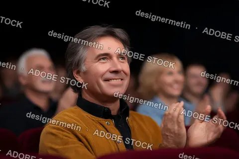 Happy Man In Theater Smiling And Clapping Surrounded By Applauding Audience During Live Performance Show