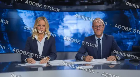 News Reporters Sitting At Broadcast Desk In Studio With Background Screens Displaying Digital Global Maps