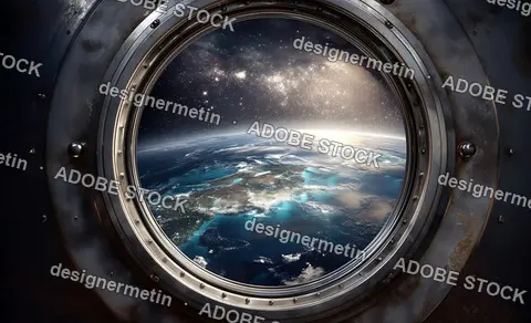 Stunning Outer Space View Of Earth Seen Through Spacecraft Round Observation Window