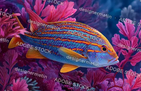 Colorful Tropical Fish With Stripes Swimming Among Coral Reefs In Vibrant Underwater Scene