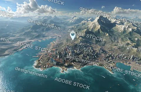 Satellite Style Aerial Cityscape Showing Coastal Harbor With Skyscrapers And Mountains Beyond