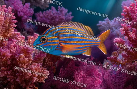 Vivid Tropical Fish With Blue And Orange Stripes Among Pink Coral Reefs Underwater