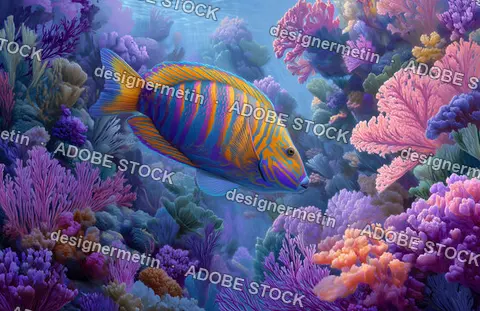 Electric Blue And Orange Striped Tropical Fish Among Bright Coral In Deep Ocean Scene