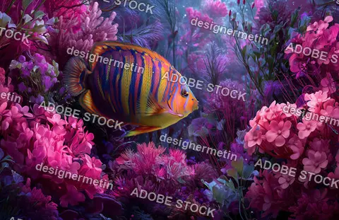 Beautiful Striped Tropical Fish With Glowing Colors Swimming Through Coral Reefs Underwater