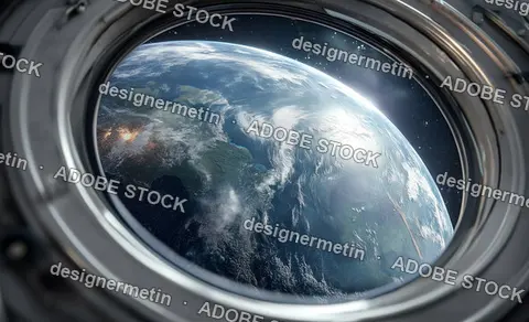 Spectacular View Of Earth From Spacecraft Window Showing Continents And Clouds Above Blue Planet